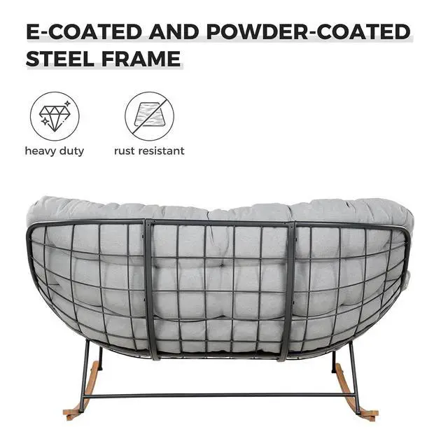 Alt view image 5 of 7 - Grand patio Oversized Papasan Loveseat Rocking Chair Patio Lounge, Grey | Steel Frame and Thick Cushion, Comfy 2-Person Papasan Loveseat Rocker for Outdoor Porch Deck