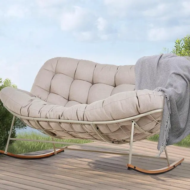 Main image of Grand patio Double Papasan Rocking Chair, Oversized Papasan Loveseat, Beige | Steel Frame and Thick Cushion, Comfy 2-Person Papasan Loveseat Rocker for Outdoor Porch Deck