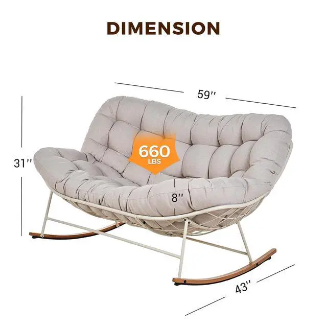 Alt view image 2 of 7 - Grand patio Double Papasan Rocking Chair, Oversized Papasan Loveseat, Beige | Steel Frame and Thick Cushion, Comfy 2-Person Papasan Loveseat Rocker for Outdoor Porch Deck