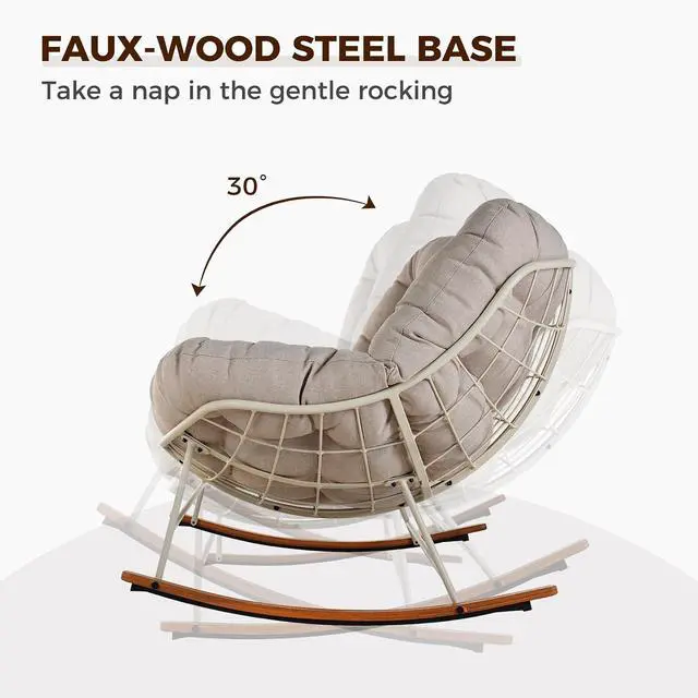 Alt view image 4 of 7 - Grand patio Double Papasan Rocking Chair, Oversized Papasan Loveseat, Beige | Steel Frame and Thick Cushion, Comfy 2-Person Papasan Loveseat Rocker for Outdoor Porch Deck