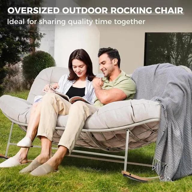 Alt view image 3 of 7 - Grand patio Double Papasan Rocking Chair, Oversized Papasan Loveseat, Beige | Steel Frame and Thick Cushion, Comfy 2-Person Papasan Loveseat Rocker for Outdoor Porch Deck