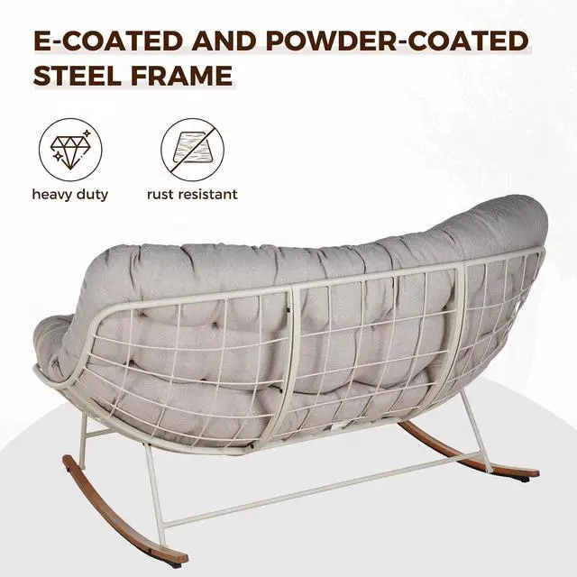Alt view image 5 of 7 - Grand patio Double Papasan Rocking Chair, Oversized Papasan Loveseat, Beige | Steel Frame and Thick Cushion, Comfy 2-Person Papasan Loveseat Rocker for Outdoor Porch Deck