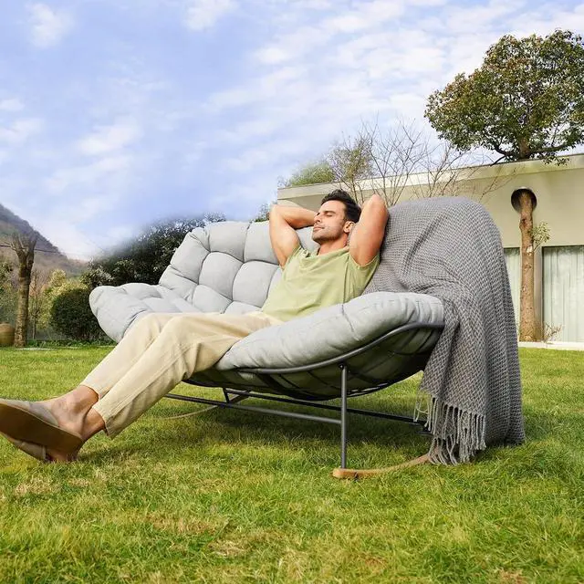 Alt view image 6 of 7 - Grand patio Double Papasan Rocking Chair, Oversized Papasan Loveseat, Beige | Steel Frame and Thick Cushion, Comfy 2-Person Papasan Loveseat Rocker for Outdoor Porch Deck