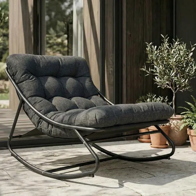Main image of Grand patio Rocking Chair with Cushion for Indoor and Outdoor, Dark Grey | Metal Patio Lounge Rocking Chair with Thick Cushion, Comfy Modern Rocker for Living Room Porch Backyard