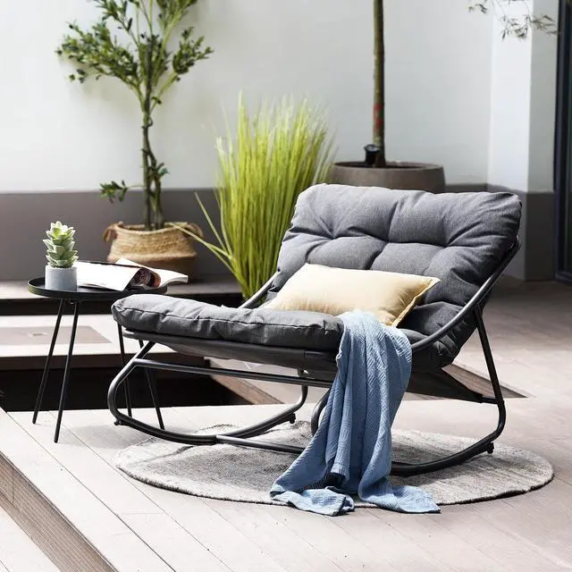 Alt view image 4 of 7 - Grand patio Rocking Chair with Cushion for Indoor and Outdoor, Dark Grey | Metal Patio Lounge Rocking Chair with Thick Cushion, Comfy Modern Rocker for Living Room Porch Backyard