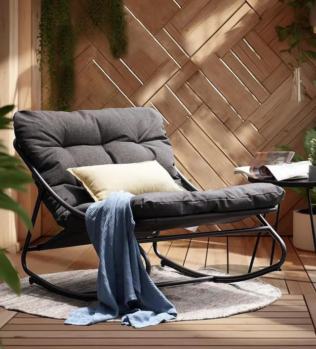 Alt view image 3 of 7 - Grand patio Rocking Chair with Cushion for Indoor and Outdoor, Dark Grey | Metal Patio Lounge Rocking Chair with Thick Cushion, Comfy Modern Rocker for Living Room Porch Backyard