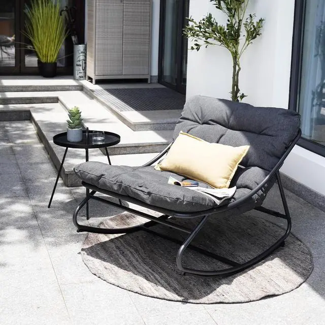 Alt view image 5 of 7 - Grand patio Rocking Chair with Cushion for Indoor and Outdoor, Dark Grey | Metal Patio Lounge Rocking Chair with Thick Cushion, Comfy Modern Rocker for Living Room Porch Backyard