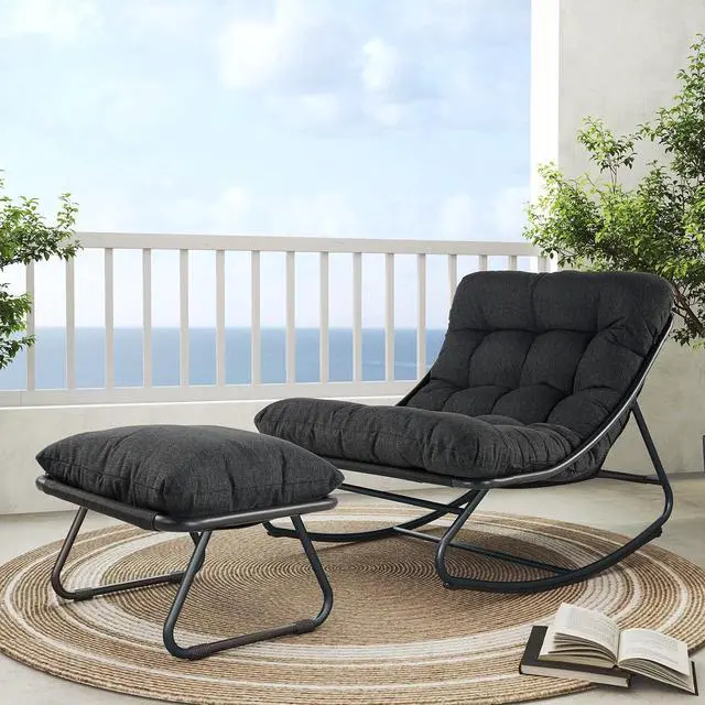 Main image of Grand patio Rocking Chair with Footrest for Indoor & Outdoor, Dark Grey | Metal Outdoor Rocking Chair with Cushion and Foot Rest, Comfy Lounge Rocker for Living Room Porch Patio