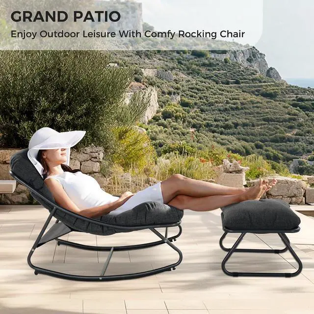 Alt view image 7 of 7 - Grand patio Rocking Chair with Footrest for Indoor & Outdoor, Dark Grey | Metal Outdoor Rocking Chair with Cushion and Foot Rest, Comfy Lounge Rocker for Living Room Porch Patio