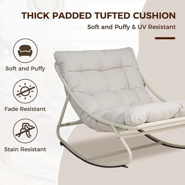 Alt view image 3 of 7 - Grand patio Rocking Chair with Cushion for Indoor and Outdoor, Beige | Metal Lounge Rocking Chair with Thick Cushion, Comfy Modern Rocker for Patio Porch Deck Backyard