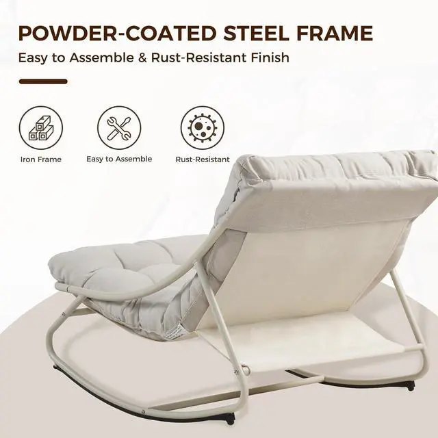 Alt view image 4 of 7 - Grand patio Rocking Chair with Cushion for Indoor and Outdoor, Beige | Metal Lounge Rocking Chair with Thick Cushion, Comfy Modern Rocker for Patio Porch Deck Backyard