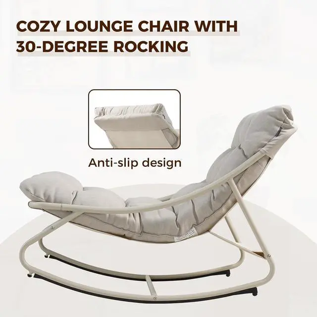 Alt view image 5 of 7 - Grand patio Rocking Chair with Cushion for Indoor and Outdoor, Beige | Metal Lounge Rocking Chair with Thick Cushion, Comfy Modern Rocker for Patio Porch Deck Backyard