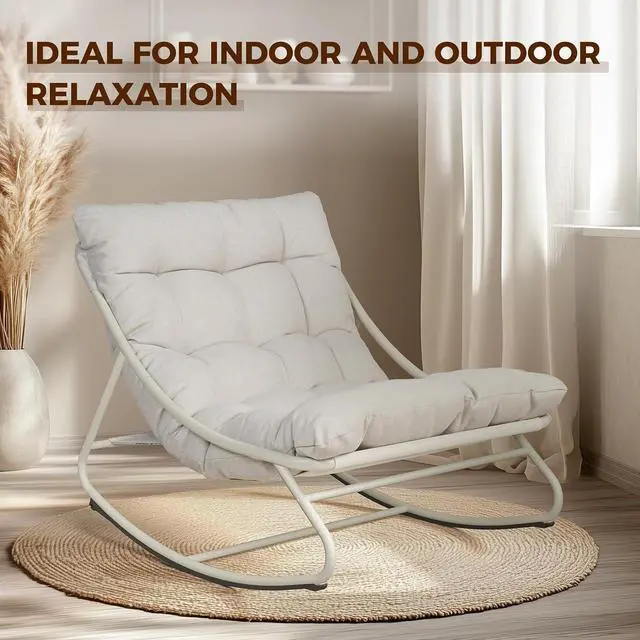 Alt view image 6 of 7 - Grand patio Rocking Chair with Cushion for Indoor and Outdoor, Beige | Metal Lounge Rocking Chair with Thick Cushion, Comfy Modern Rocker for Patio Porch Deck Backyard
