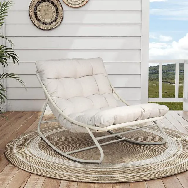 Alt view image 7 of 7 - Grand patio Rocking Chair with Cushion for Indoor and Outdoor, Beige | Metal Lounge Rocking Chair with Thick Cushion, Comfy Modern Rocker for Patio Porch Deck Backyard