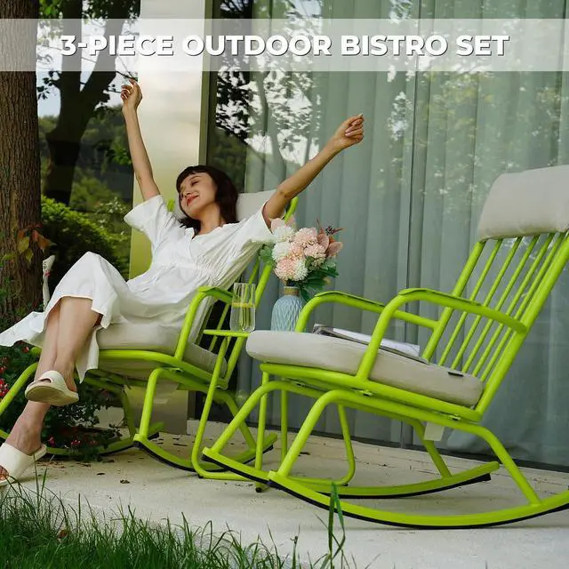 Alt view image 2 of 7 - Grand patio Rocking Chair Outdoor, Bistro Table and Chairs Set, Steel Rocking Chairs with Cushions and 18-inch Coffee Table, Outdoor Bistro Set for Patio Porch Deck, Lime Green