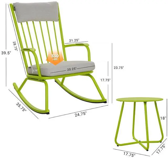 Alt view image 5 of 7 - Grand patio Rocking Chair Outdoor, Bistro Table and Chairs Set, Steel Rocking Chairs with Cushions and 18-inch Coffee Table, Outdoor Bistro Set for Patio Porch Deck, Lime Green