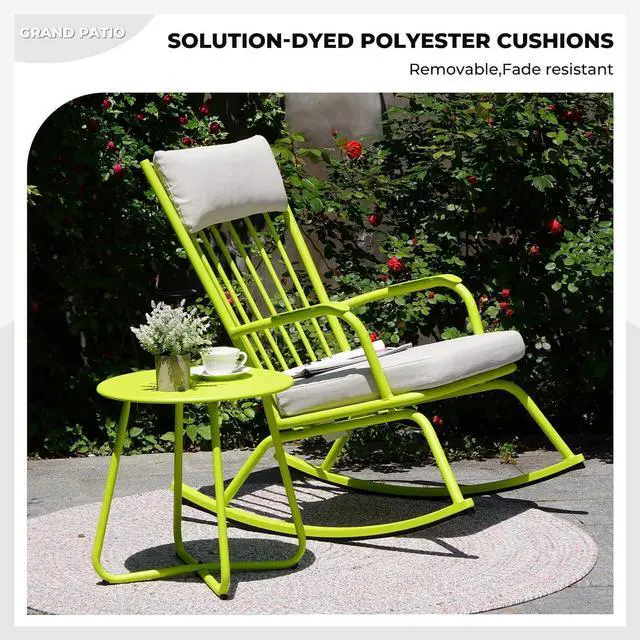 Alt view image 3 of 7 - Grand patio Rocking Chair Outdoor, Bistro Table and Chairs Set, Steel Rocking Chairs with Cushions and 18-inch Coffee Table, Outdoor Bistro Set for Patio Porch Deck, Lime Green