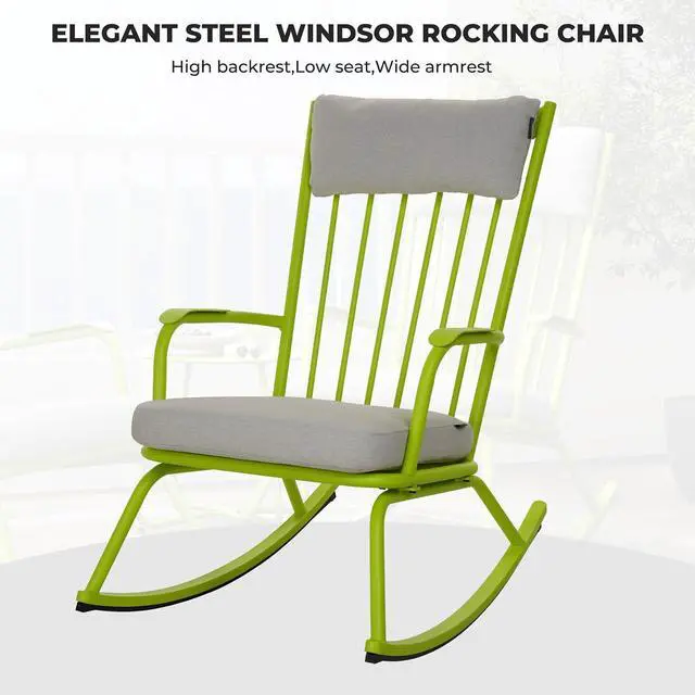 Alt view image 4 of 7 - Grand patio Rocking Chair Outdoor, Bistro Table and Chairs Set, Steel Rocking Chairs with Cushions and 18-inch Coffee Table, Outdoor Bistro Set for Patio Porch Deck, Lime Green