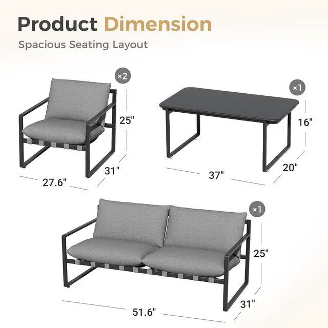 Alt view image 3 of 7 - Grand patio 4 Piece Outdoor Furniture Set, 4-Seat Sofa with Cushion, Grey | Outdoor Furniture Set Piece of 4, Patio Sofa with Cushion, Metal Couch with Coffee Table, for Porch Deck Balcony Backyard