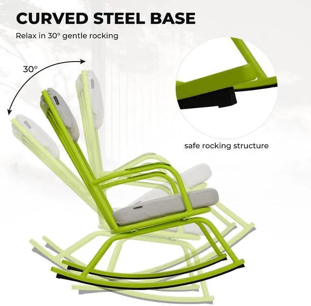 Alt view image 6 of 7 - Grand patio Rocking Chair Outdoor, Bistro Table and Chairs Set, Steel Rocking Chairs with Cushions and 18-inch Coffee Table, Outdoor Bistro Set for Patio Porch Deck, Lime Green
