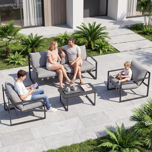 Alt view image 4 of 7 - Grand patio 4 Piece Outdoor Furniture Set, 4-Seat Sofa with Cushion, Grey | Outdoor Furniture Set Piece of 4, Patio Sofa with Cushion, Metal Couch with Coffee Table, for Porch Deck Balcony Backyard