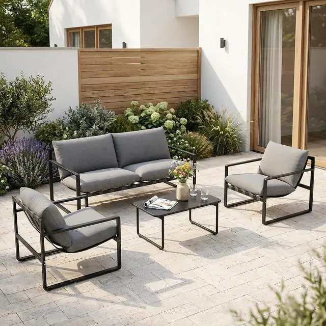 Alt view image 6 of 7 - Grand patio 4 Piece Outdoor Furniture Set, 4-Seat Sofa with Cushion, Grey | Outdoor Furniture Set Piece of 4, Patio Sofa with Cushion, Metal Couch with Coffee Table, for Porch Deck Balcony Backyard