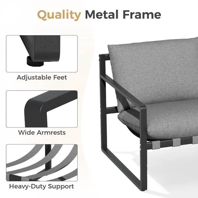 Alt view image 7 of 7 - Grand patio 4 Piece Outdoor Furniture Set, 4-Seat Sofa with Cushion, Grey | Outdoor Furniture Set Piece of 4, Patio Sofa with Cushion, Metal Couch with Coffee Table, for Porch Deck Balcony Backyard