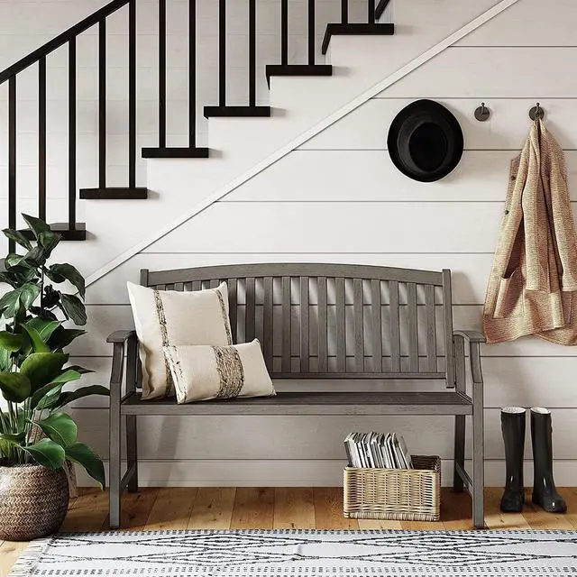 Alt view image 2 of 7 - Grand patio 52" Farmhouse Outdoor Bench, Garden Benches with Rust Free Metal Powder Coated Frame and Aluminum Backrest, Faux Wood Grain Finish Frame Patio Bench for Front Porch, Weathered Grey