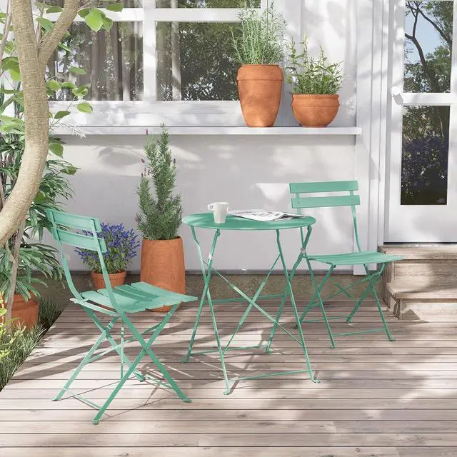 Alt view image 3 of 7 - Grand patio 3-Piece Folding Patio Bistro Set, Premium Steel Outdoor Table and Chairs, Foldable Small Patio Furniture for Balcony/Garden, Mint Green