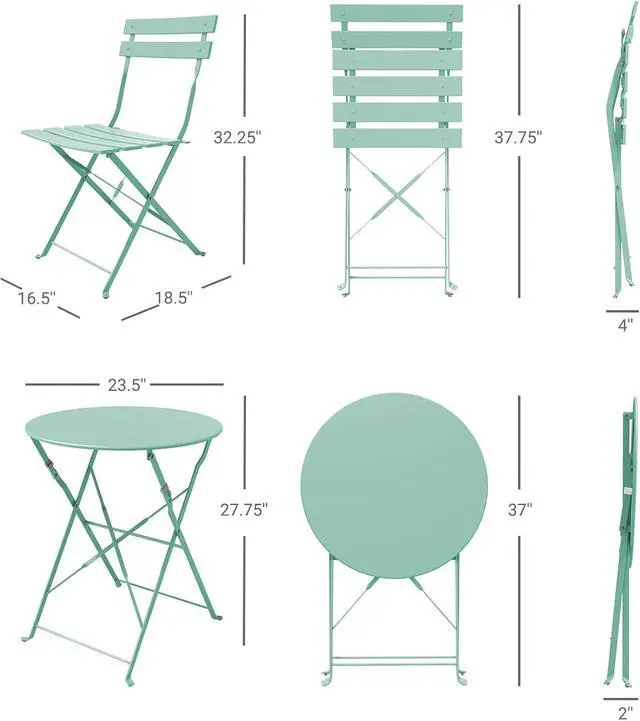 Alt view image 7 of 7 - Grand patio 3-Piece Folding Patio Bistro Set, Premium Steel Outdoor Table and Chairs, Foldable Small Patio Furniture for Balcony/Garden, Mint Green