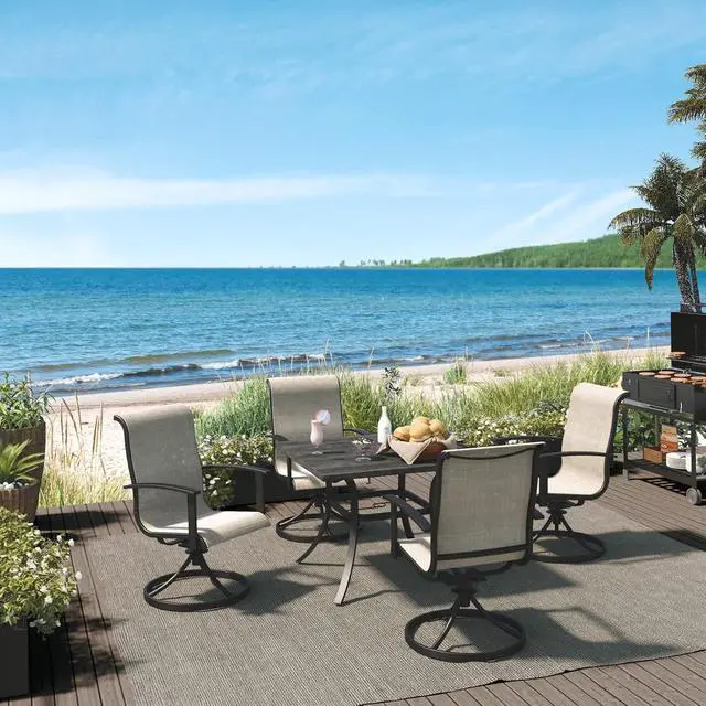 Alt view image 2 of 7 - Grand patio Patio Dining Set for 4, Outdoor Dining Set with 4-Piece Mesh Sling Swivel Patio Rocking Chairs, 1-Piece Square Woodgrain Dining Table with 1.5'' Umbrella Hole, Mixed Coffee