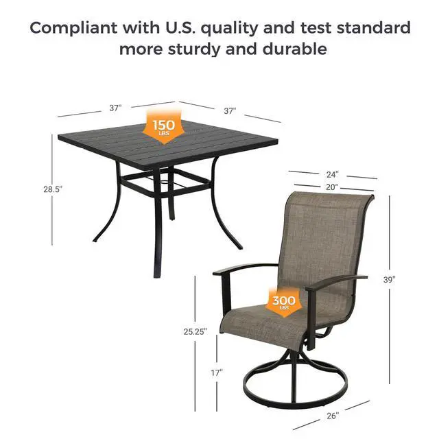 Alt view image 3 of 7 - Grand patio Patio Dining Set for 4, Outdoor Dining Set with 4-Piece Mesh Sling Swivel Patio Rocking Chairs, 1-Piece Square Woodgrain Dining Table with 1.5'' Umbrella Hole, Mixed Coffee