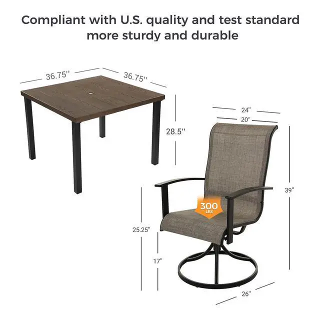 Alt view image 2 of 7 - Grand patio 5-Piece Outdoor Dining Set for 4, Patio Dining Set with Swivel Patio Chairs & 1 Square Woodgrain Dining Table with Umbrella Hole, Coffee