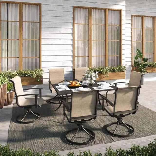 Alt view image 2 of 7 - Grand patio 7-Piece Patio Dining Set for 6, Outdoor Dining Set with Swiviel Patio Chairs & 1 Rectangular Woodgrain Dining Table with Umbrella Hole, Mixed Coffee