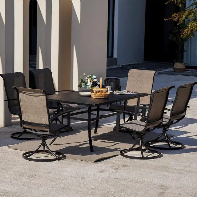 Alt view image 4 of 7 - Grand patio 7-Piece Patio Dining Set for 6, Outdoor Dining Set with Swiviel Patio Chairs & 1 Rectangular Woodgrain Dining Table with Umbrella Hole, Mixed Coffee