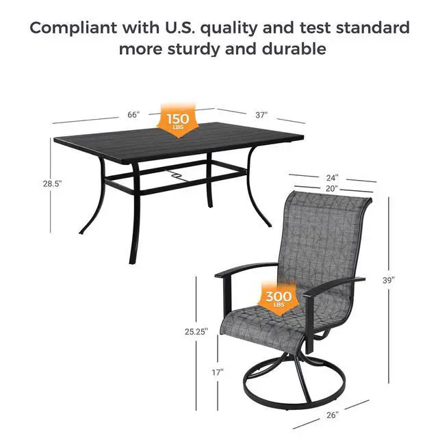 Alt view image 3 of 7 - Grand patio 7-Piece Patio Dining Set for 6, Outdoor Dining Set with Swiviel Patio Chairs & 1 Rectangular Woodgrain Dining Table with Umbrella Hole, Black & Grey Plaid