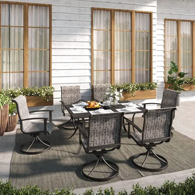 Alt view image 2 of 7 - Grand patio 7-Piece Patio Dining Set for 6, Outdoor Dining Set with Swiviel Patio Chairs & 1 Rectangular Woodgrain Dining Table with Umbrella Hole, Black & Grey Plaid