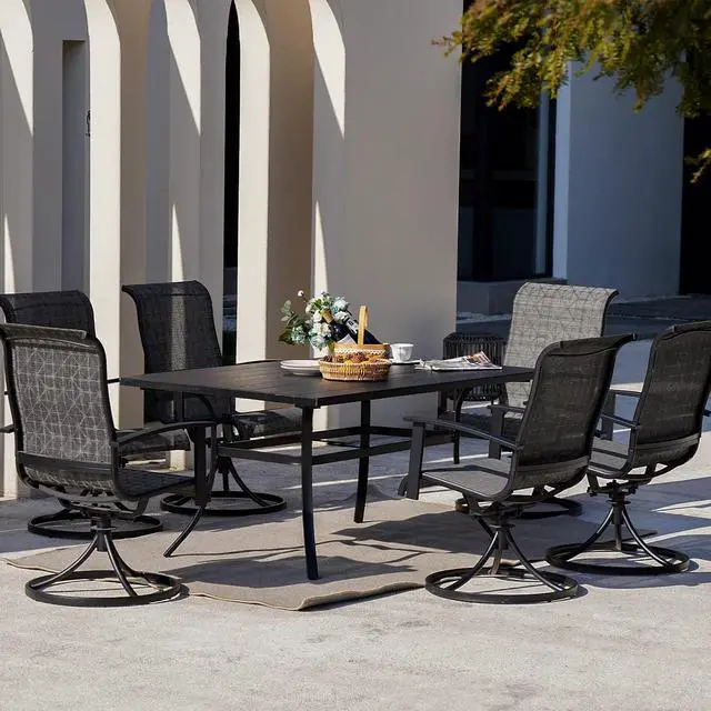 Alt view image 4 of 7 - Grand patio 7-Piece Patio Dining Set for 6, Outdoor Dining Set with Swiviel Patio Chairs & 1 Rectangular Woodgrain Dining Table with Umbrella Hole, Black & Grey Plaid
