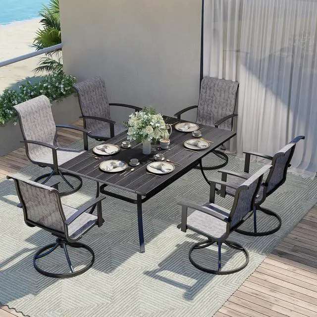 Main image of Grand patio 7-Piece Patio Dining Set for 6, Outdoor Dining Set with Swiviel Patio Chairs & 1 Rectangular Woodgrain Dining Table with Umbrella Hole, Black & Grey Plaid