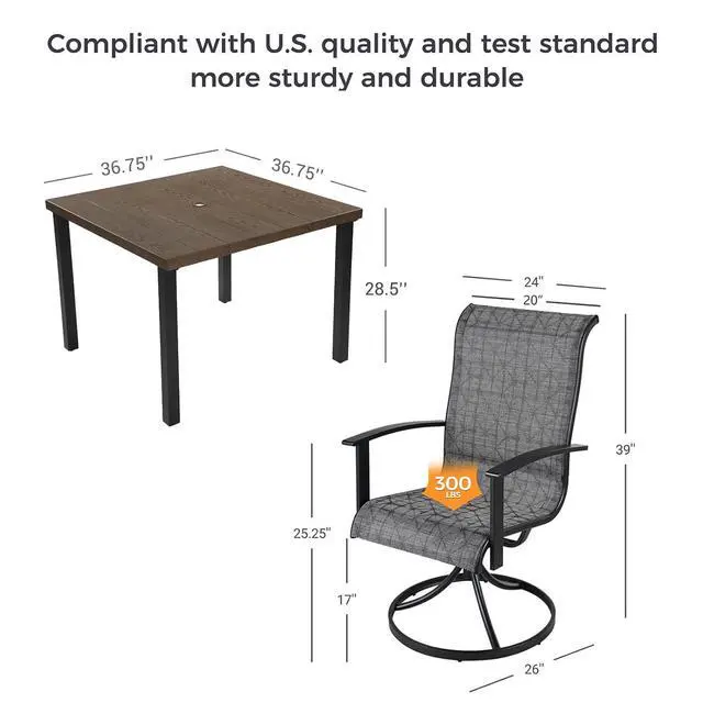 Alt view image 2 of 7 - Grand patio 5-Piece Outdoor Dining Set for 4, Patio Dining Set with Swivel Patio Chairs & 1 Square Woodgrain Dining Table with Umbrella Hole, Black & Grey Plaid