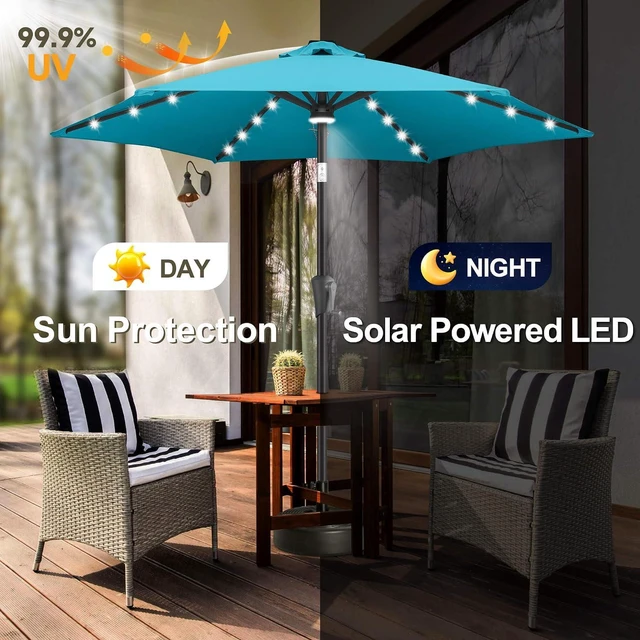 Alt view image 2 of 7 - FLAME&SHADE Solar Patio Umbrella with Centre Light, 7.5 FT Aqua Blue | UV Protection, Small Solar Outdoor Umbrella for Porch, Deck, Backyard, Garden, Provides Evening Lighting, 24 LED Lights
