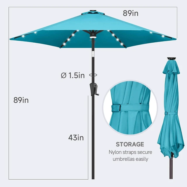 Alt view image 5 of 7 - FLAME&SHADE Solar Patio Umbrella with Centre Light, 7.5 FT Aqua Blue | UV Protection, Small Solar Outdoor Umbrella for Porch, Deck, Backyard, Garden, Provides Evening Lighting, 24 LED Lights