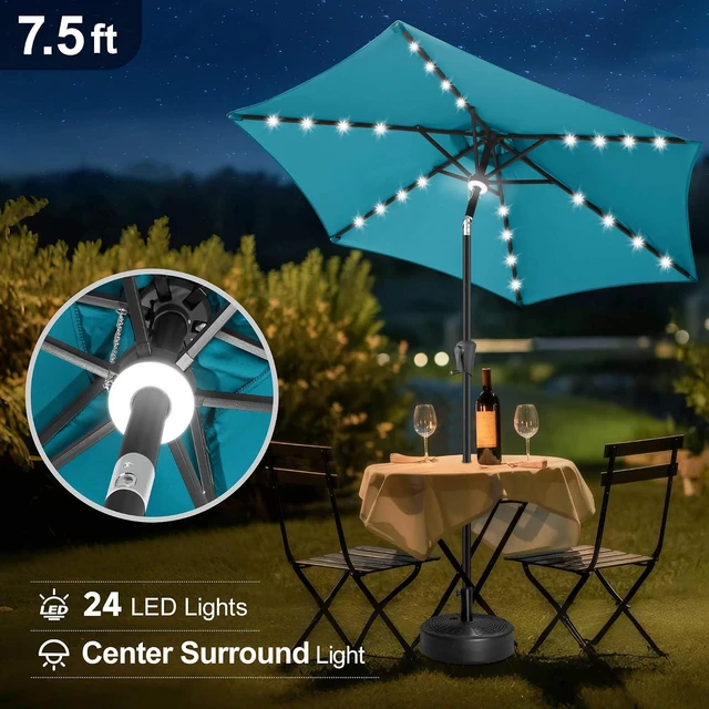 Alt view image 4 of 7 - FLAME&SHADE Solar Patio Umbrella with Centre Light, 7.5 FT Aqua Blue | UV Protection, Small Solar Outdoor Umbrella for Porch, Deck, Backyard, Garden, Provides Evening Lighting, 24 LED Lights