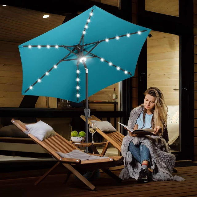 Alt view image 6 of 7 - FLAME&SHADE Solar Patio Umbrella with Centre Light, 7.5 FT Aqua Blue | UV Protection, Small Solar Outdoor Umbrella for Porch, Deck, Backyard, Garden, Provides Evening Lighting, 24 LED Lights
