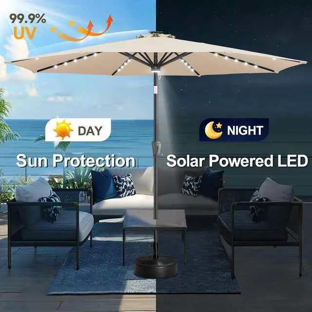 Alt view image 2 of 7 - FLAME&SHADE Solar Patio Umbrella with Centre Light, 10 FT Beige | UV Protection, Small Solar Outdoor Umbrella for Porch, Deck, Backyard, Garden, Provides Evening Lighting, 40 LED Lights