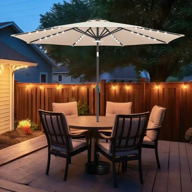 Alt view image 7 of 7 - FLAME&SHADE Solar Patio Umbrella with Centre Light, 10 FT Beige | UV Protection, Small Solar Outdoor Umbrella for Porch, Deck, Backyard, Garden, Provides Evening Lighting, 40 LED Lights