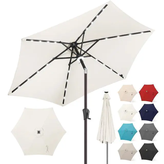Alt view image 6 of 7 - FLAME&SHADE 7.5 ft Solar Outdoor Patio Umbrella with Base Set, Market Table Umbrella with LED Lights and Base Stand