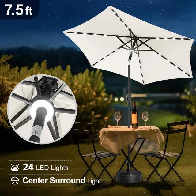 Alt view image 4 of 7 - FLAME&SHADE Solar Patio Umbrella with Centre Light, 7.5 FT Ivory | UV Protection, Small Solar Outdoor Umbrella for Porch, Deck, Backyard, Garden, Provides Evening Lighting, 24 LED Lights