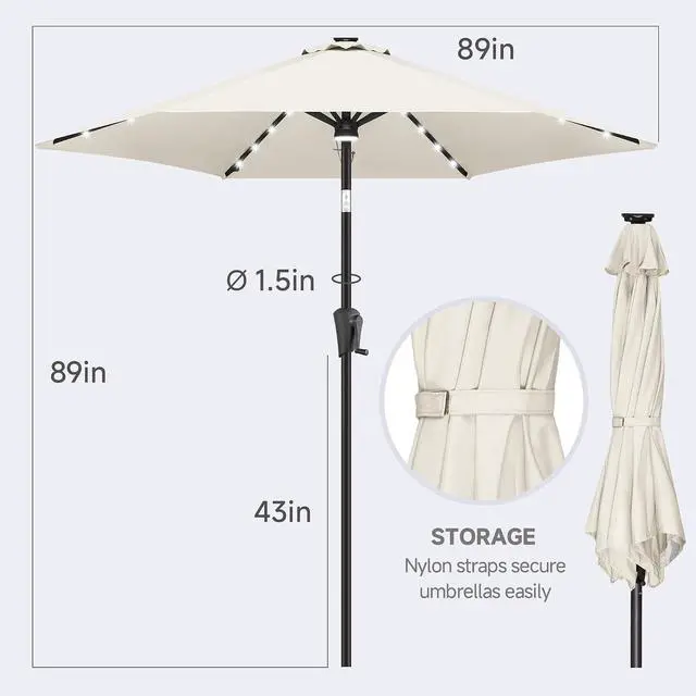 Alt view image 5 of 7 - FLAME&SHADE Solar Patio Umbrella with Centre Light, 7.5 FT Ivory | UV Protection, Small Solar Outdoor Umbrella for Porch, Deck, Backyard, Garden, Provides Evening Lighting, 24 LED Lights