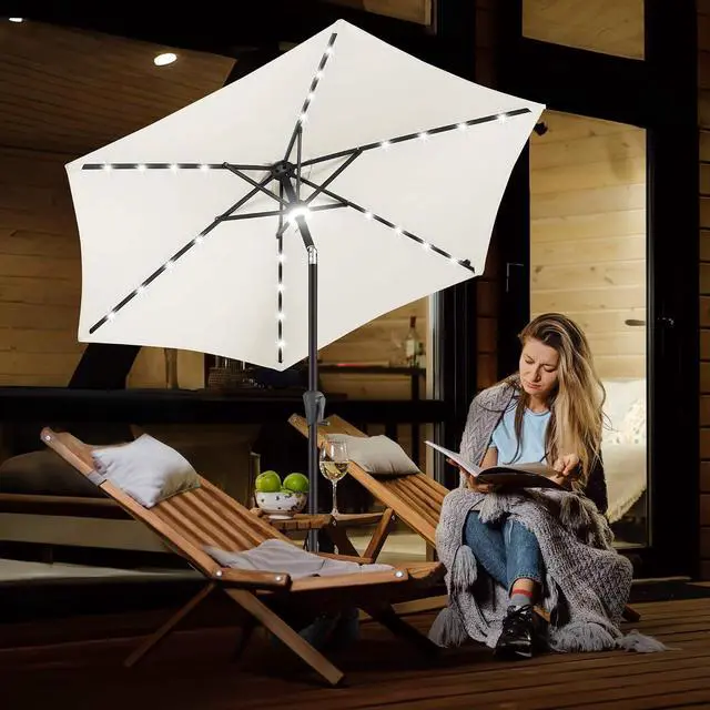 Alt view image 6 of 7 - FLAME&SHADE Solar Patio Umbrella with Centre Light, 7.5 FT Ivory | UV Protection, Small Solar Outdoor Umbrella for Porch, Deck, Backyard, Garden, Provides Evening Lighting, 24 LED Lights